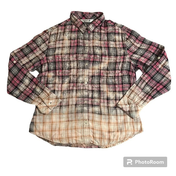 Women’s M Bleached Upcycled Long Sleeve Button Up Plaid Shirt One Of A Kind - Picture 1 of 9
